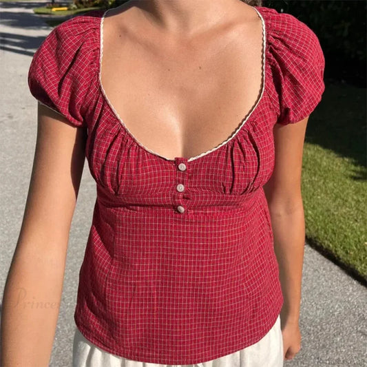 Vintage Square Collar Milkmaid Crop Top Red / S croptop-250126