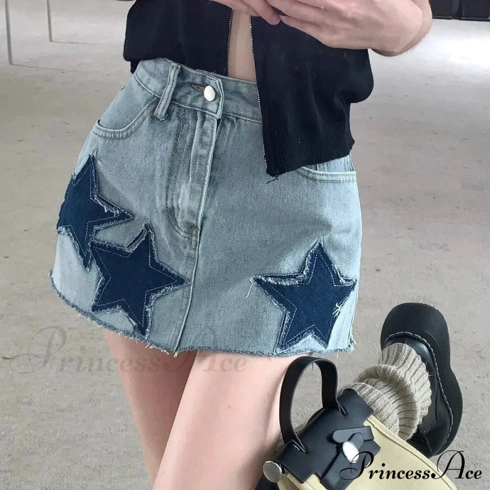 Vintage Stars Retro Y2K Harajuku A-Line Korean Skirt Blue / S