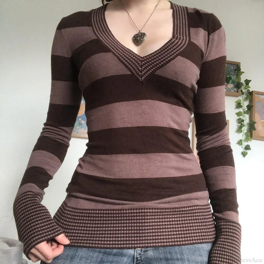 Vintage Striped T-shirt V-Neck Long Sleeve Knit Top Women knittop-250126