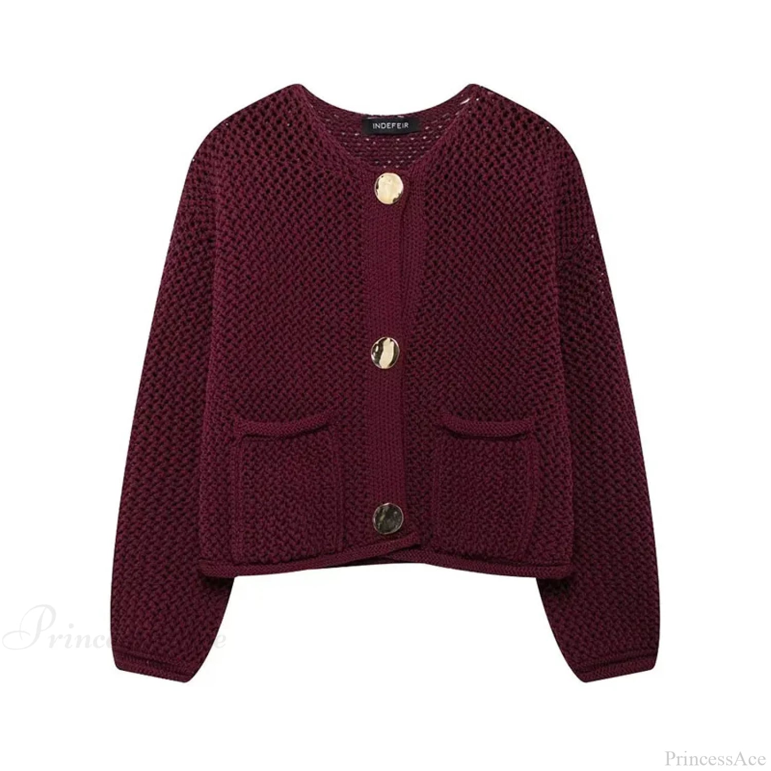 Vintage Stylish Cozy Cropped Wine Red Knitted Button Pocket Christmas Sweater Wine Red / S