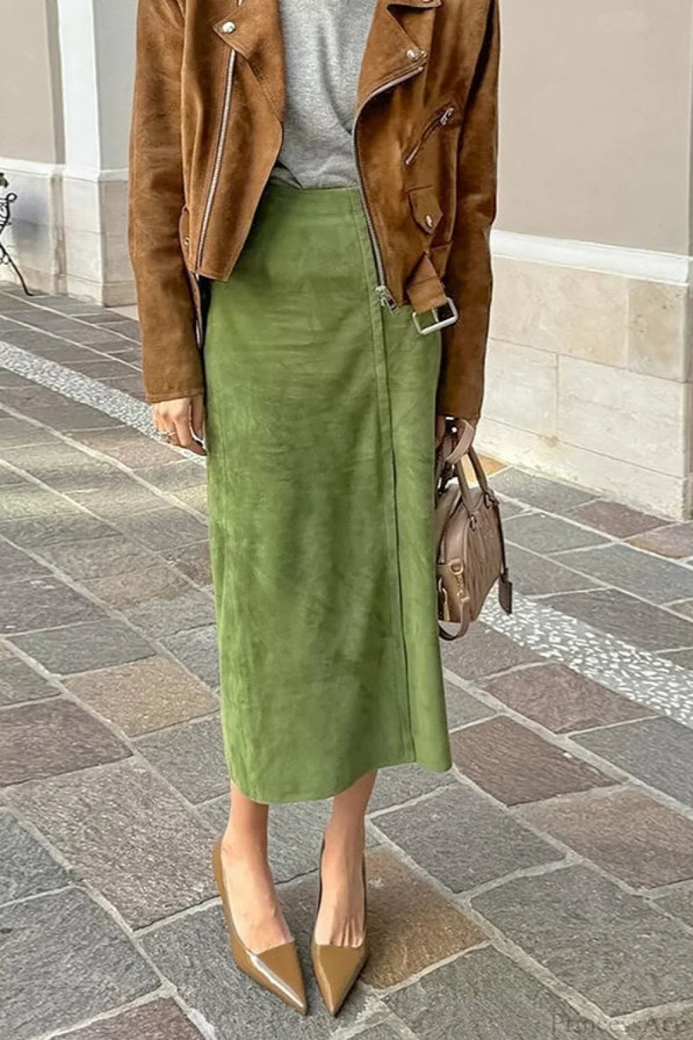 Vintage Suede High Waist Midi Pencil Skirt Green / S