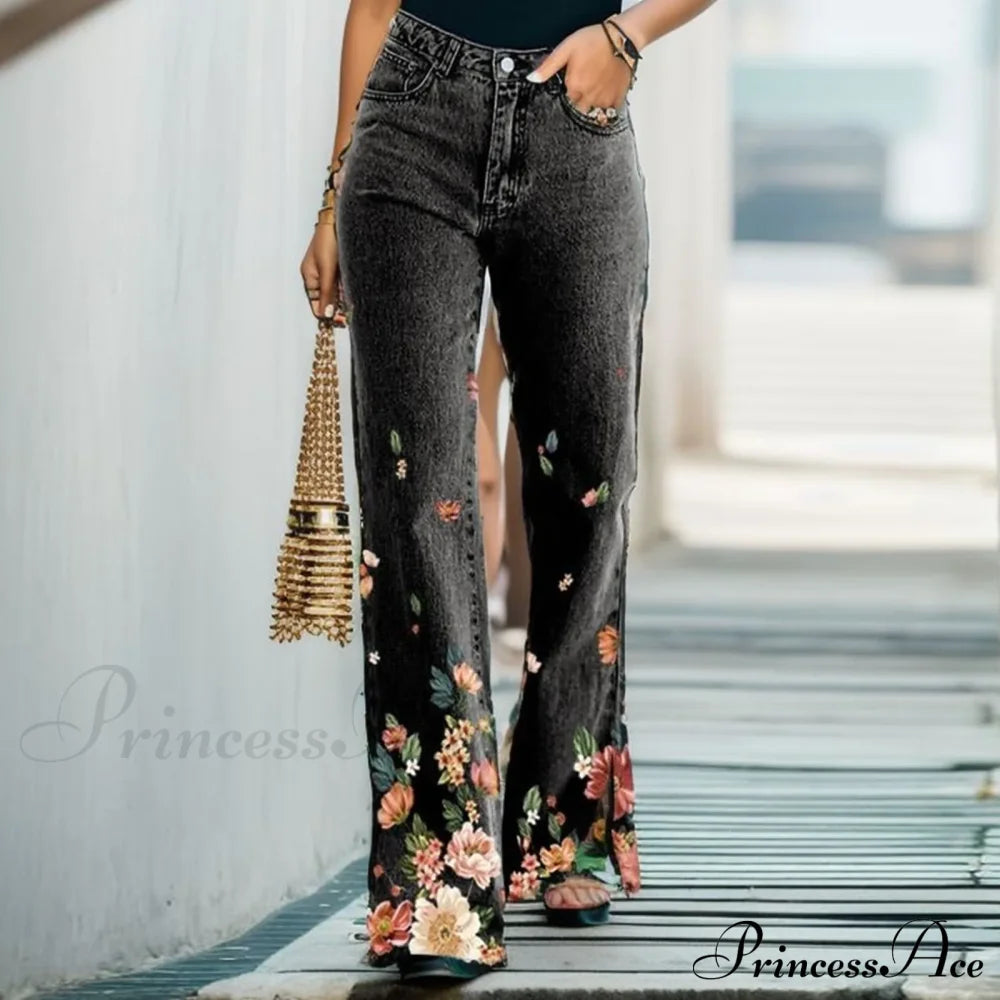 Vintage Summer Roman Rose Floral Print Casual Denim-Like Jeans Yellow / S