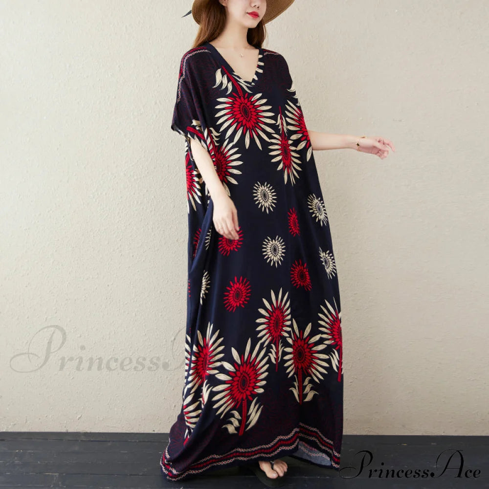 Vintage Summer Women Beach Dress With Oversized Floral Print Dresses