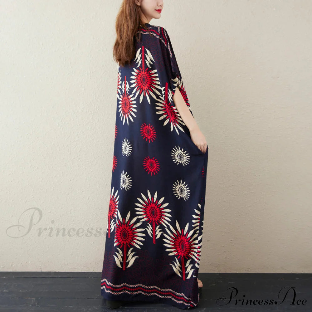 Vintage Summer Women Beach Dress With Oversized Floral Print Dresses
