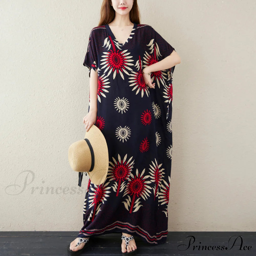 Vintage Summer Women Beach Dress With Oversized Floral Print Dresses