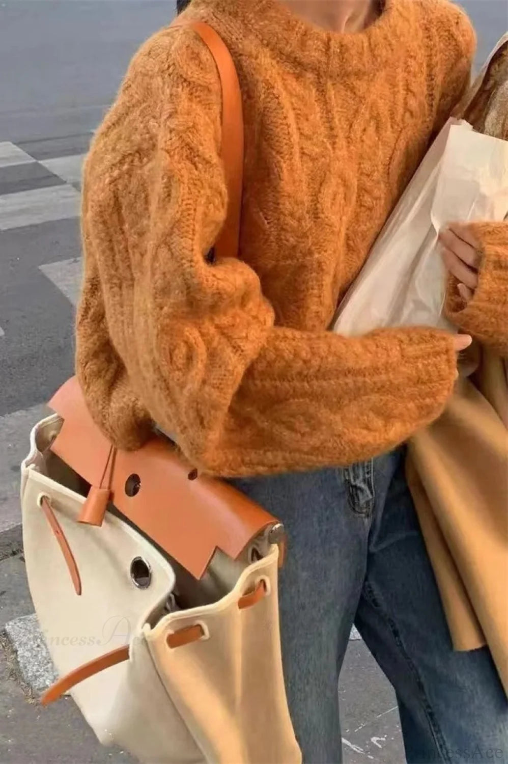 Vintage Thick Yarn Cable Loose Crew Neck Sweater