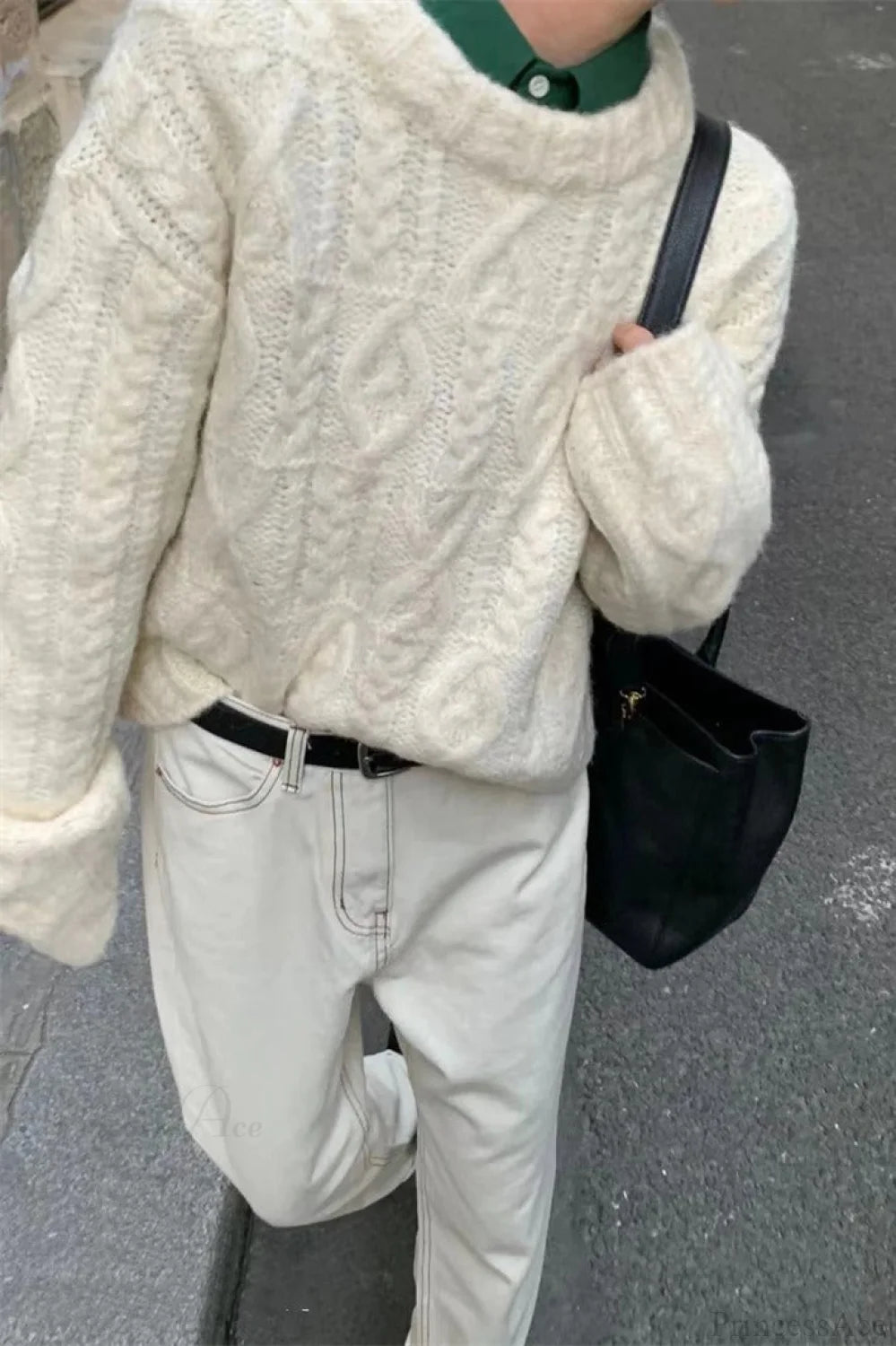 Vintage Thick Yarn Cable Loose Crew Neck Sweater