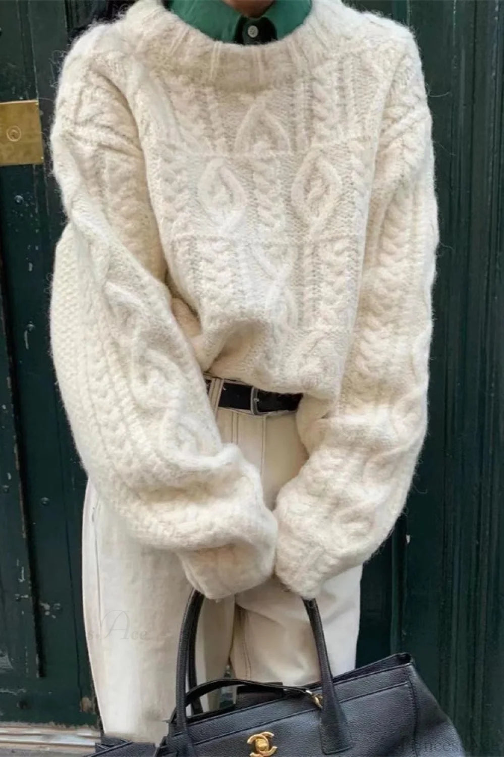 Vintage Thick Yarn Cable Loose Crew Neck Sweater Off-white / One size