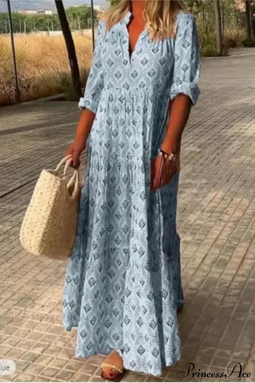 Vintage V-Neck Flower Printed Maxi Boho Dress