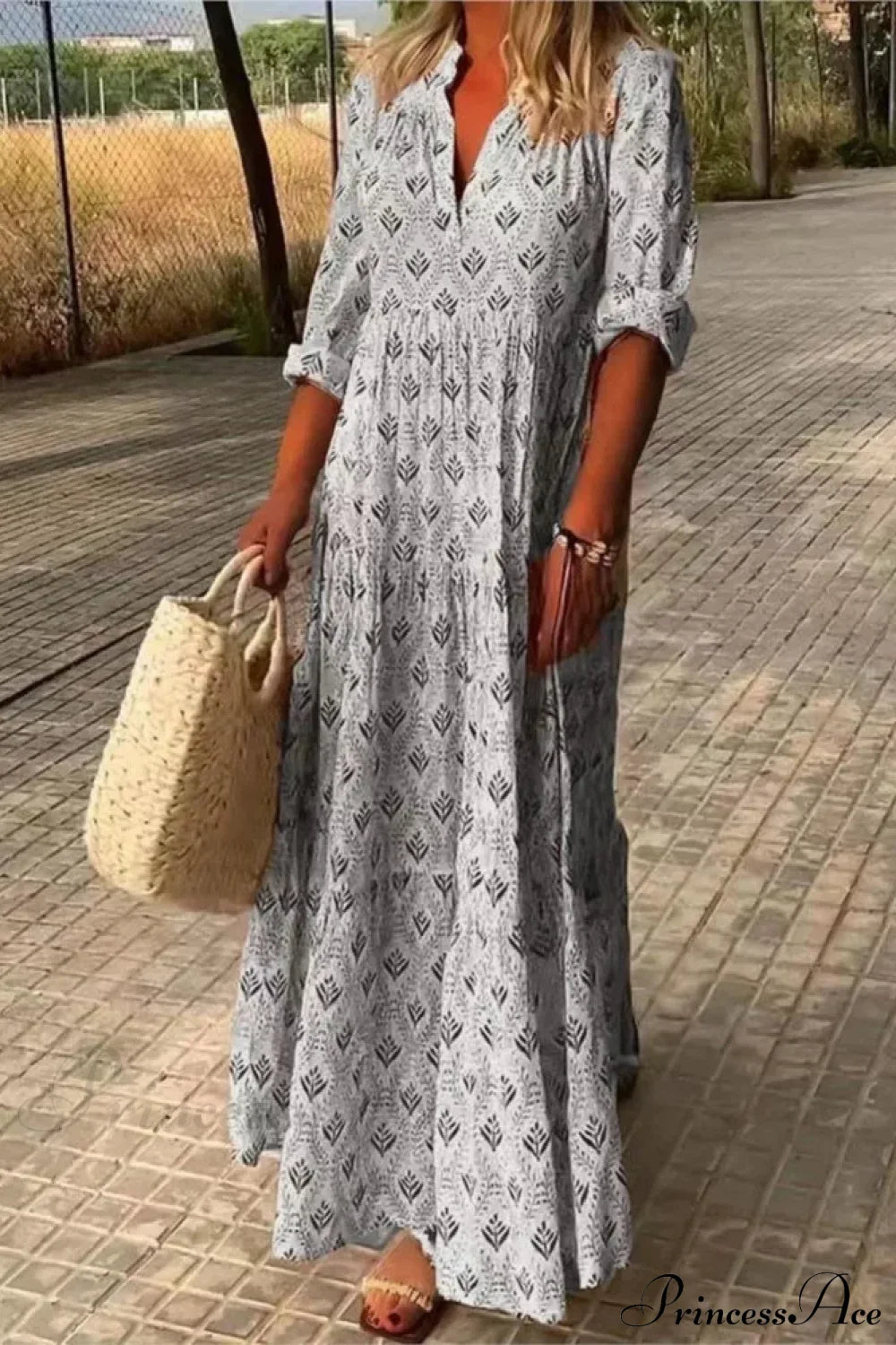 Vintage V-Neck Flower Printed Maxi Boho Dress