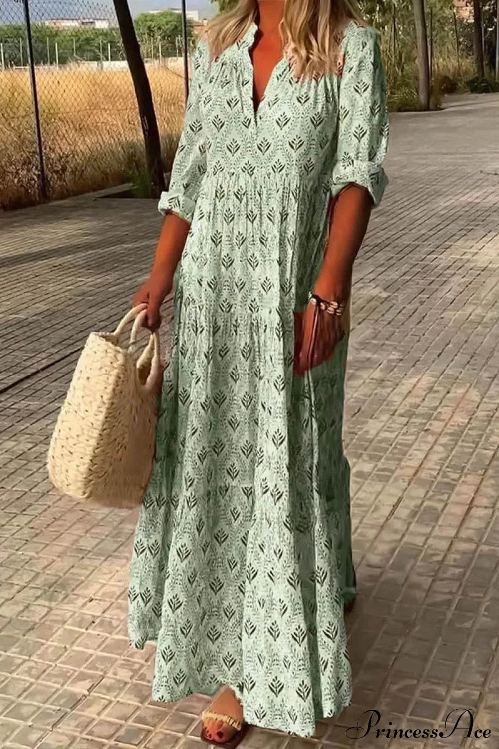 Vintage V-Neck Flower Printed Maxi Boho Dress Light Green / S