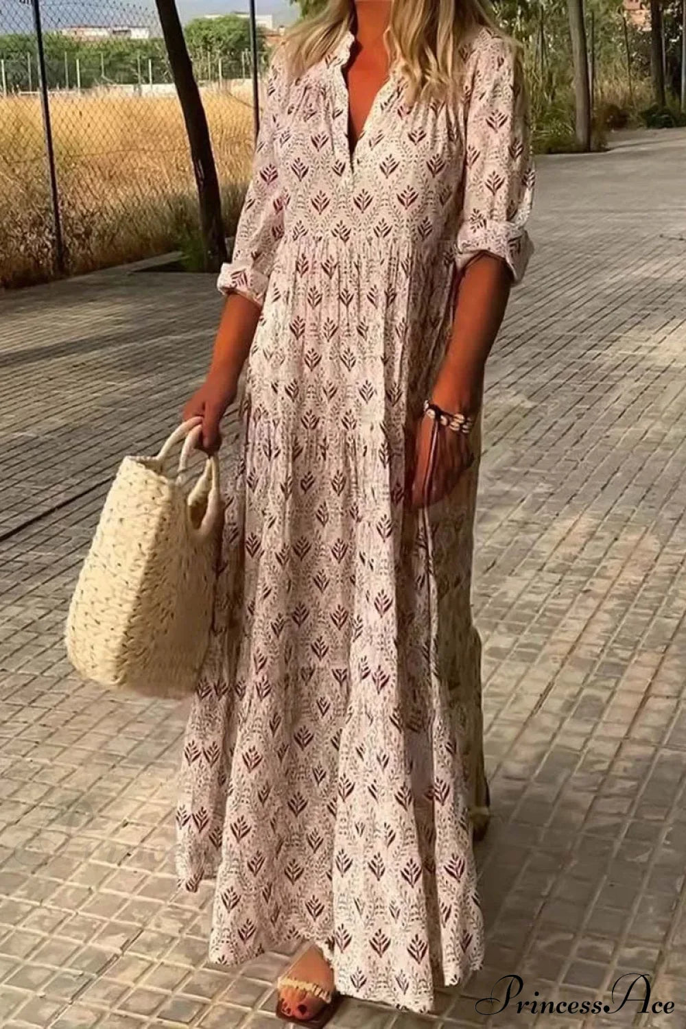Vintage V-Neck Flower Printed Maxi Boho Dress Pink / S