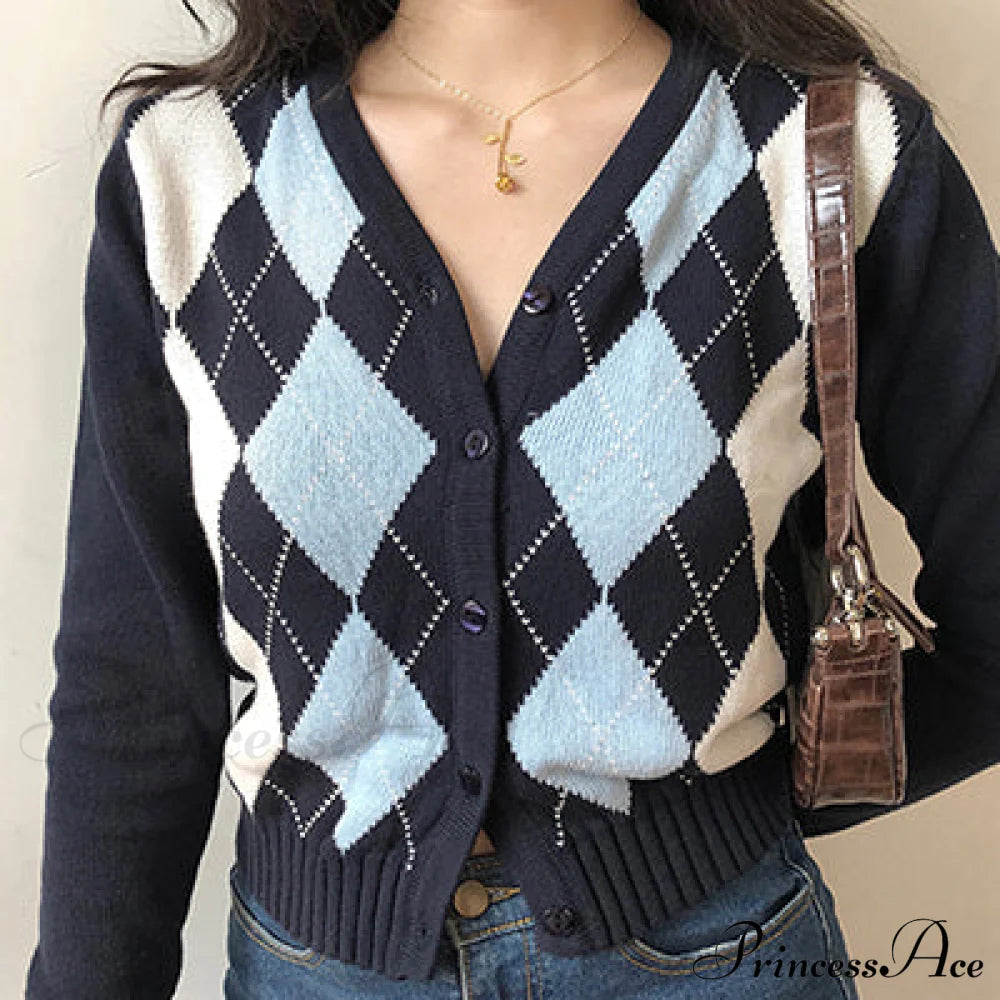 Vintage V-Neck Plaid Long Sleeve Cardigan Navy Blue / One Size