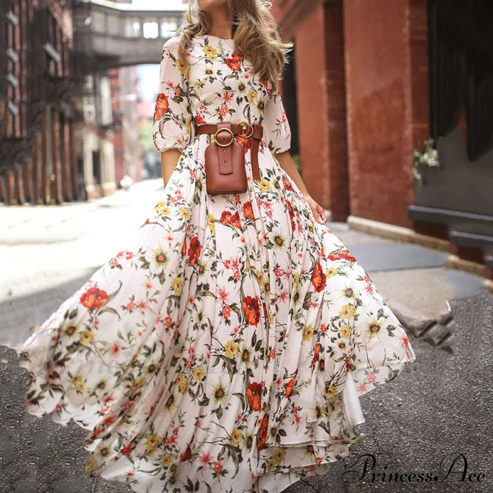 Vintage Warm-Season Printing Gown Flowered Long Fashion Elegant Three Party Quarter O-Neck Arm