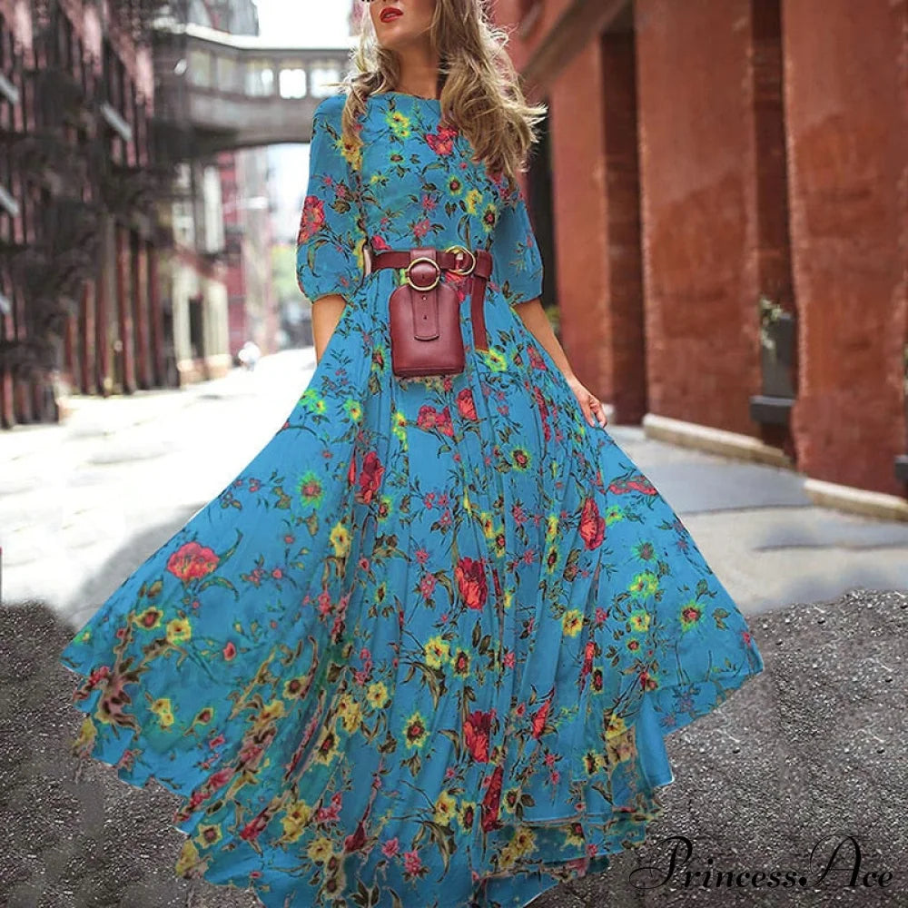 Vintage Warm-Season Printing Gown Flowered Long Fashion Elegant Three Party Quarter O-Neck Arm