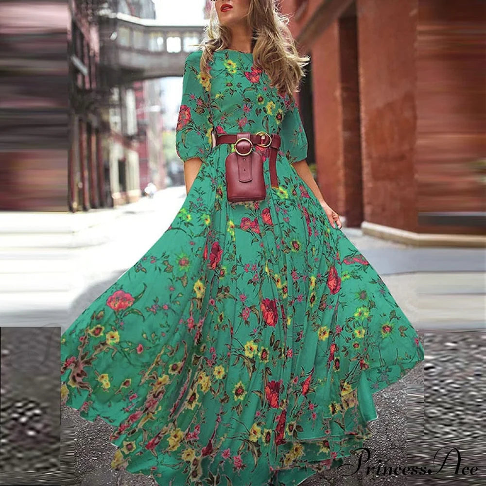 Vintage Warm-Season Printing Gown Flowered Long Fashion Elegant Three Party Quarter O-Neck Arm