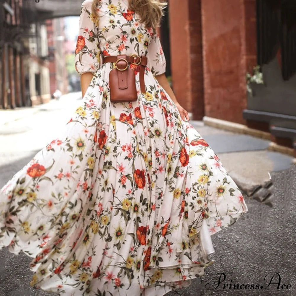 Vintage Warm-Season Printing Gown Flowered Long Fashion Elegant Three Party Quarter O-Neck Arm