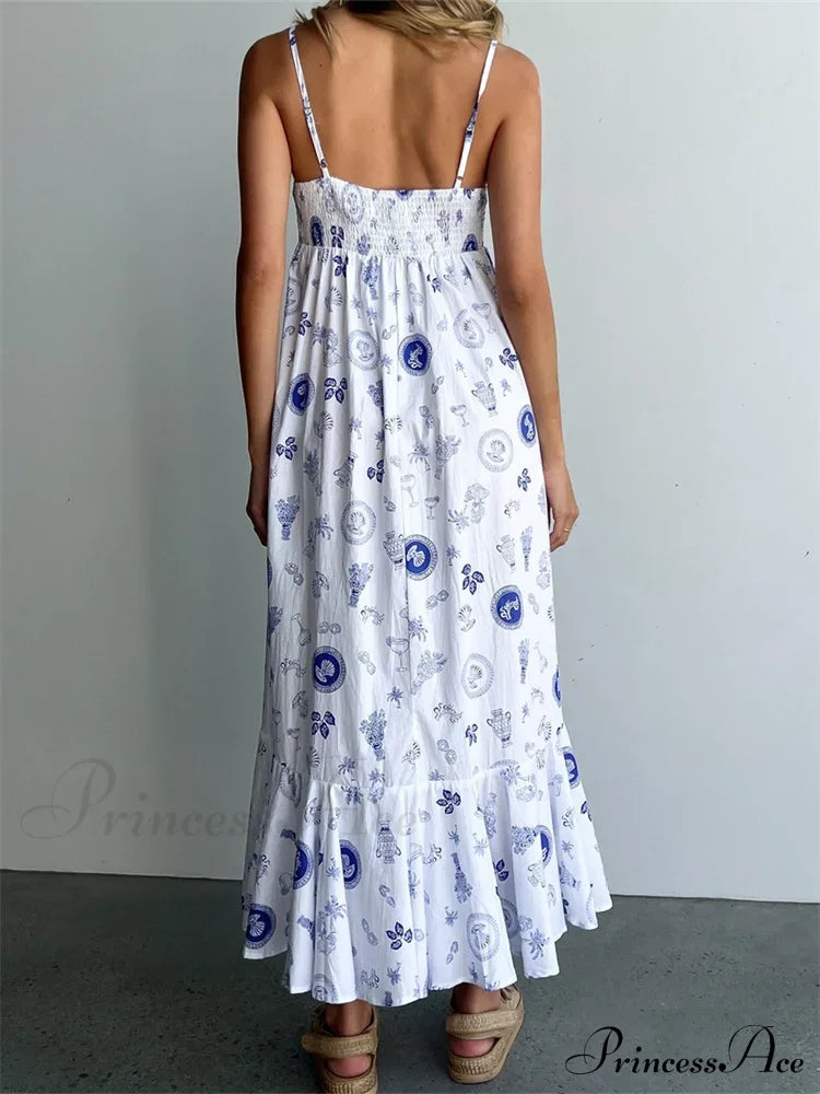 Vintage Women Summer Sleeveless Spaghetti Strap Floral Print Party Loose Casual Square Neck Vestidos