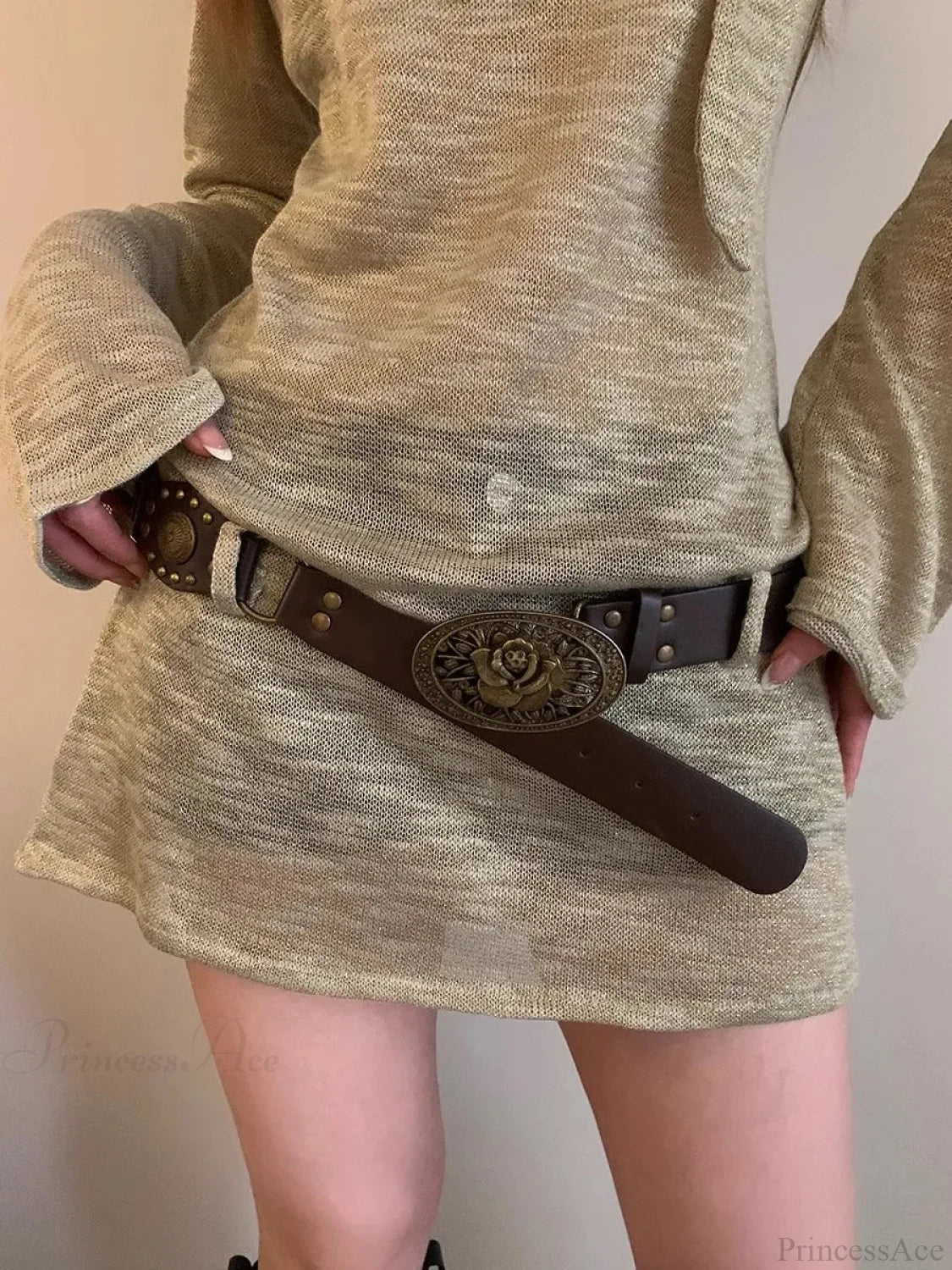 Vintage Y2K Dark Bohemian Wide Brown Belt Coffee / 105CM