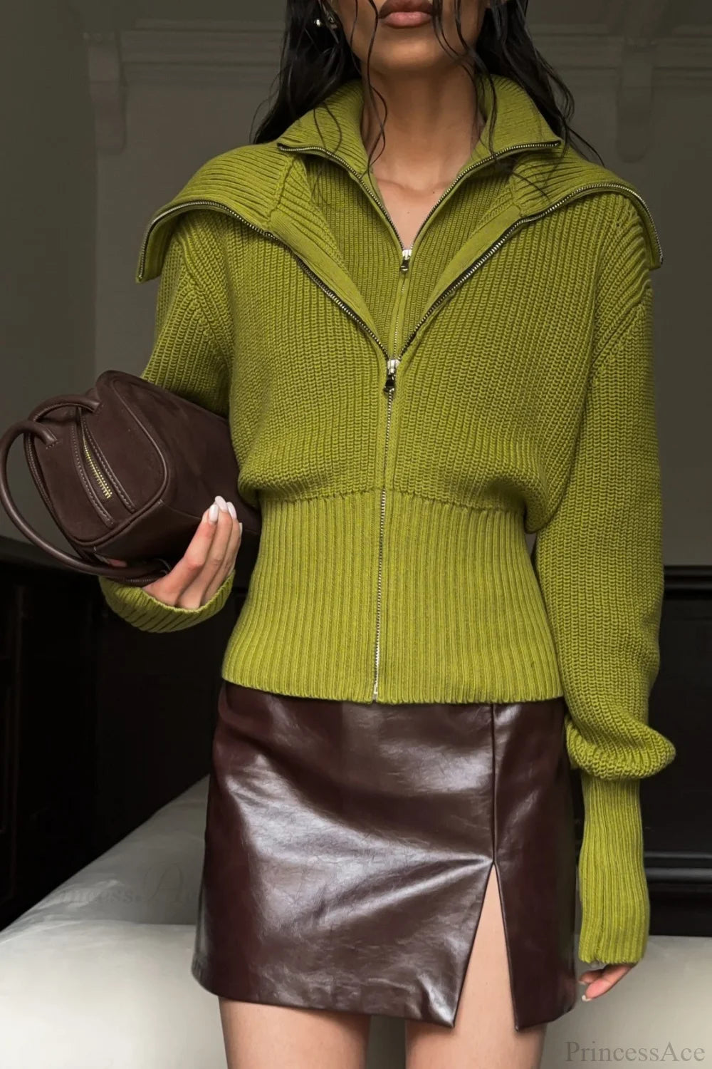 VintageTwo-in-one Solid Wide Lapel Zipper Sweater