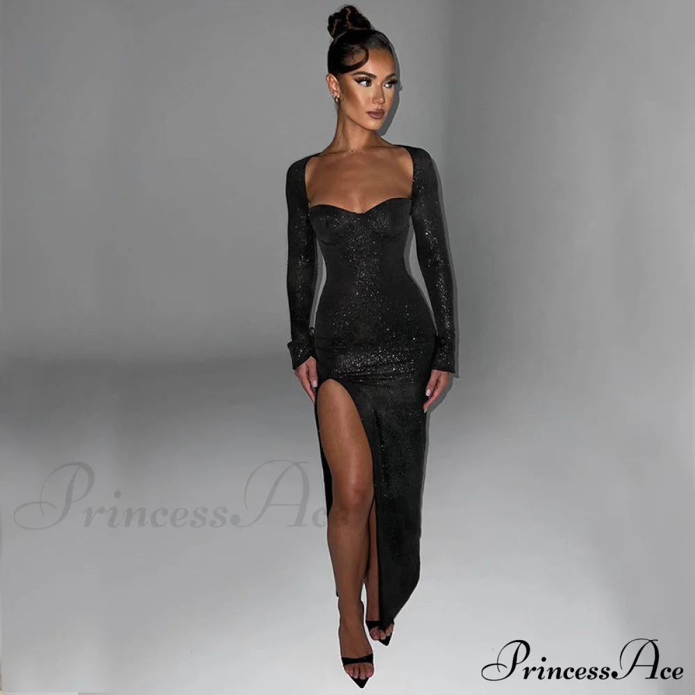 Viv Formal High Charming Slit Glitter Dress Black / S S.o. Long Dresses