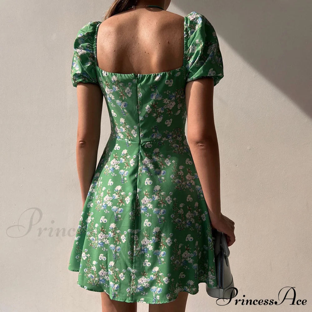 Waist Arm A-Line Puff Women’s V-Neck High Flowered Dress M / Orange Dresses