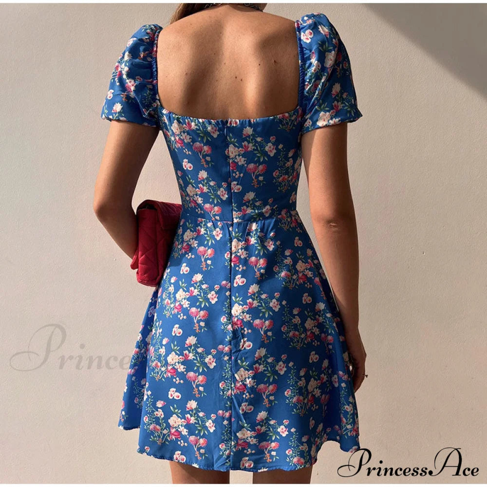 Waist Arm A-Line Puff Women’s V-Neck High Flowered Dress S / Orange Dresses