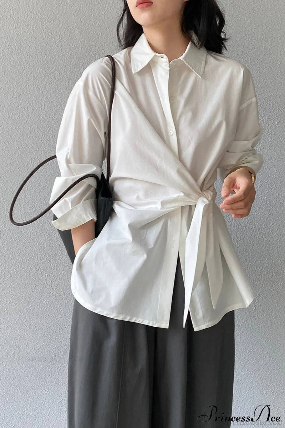 Waist Collared Mid-Length Office Blouse