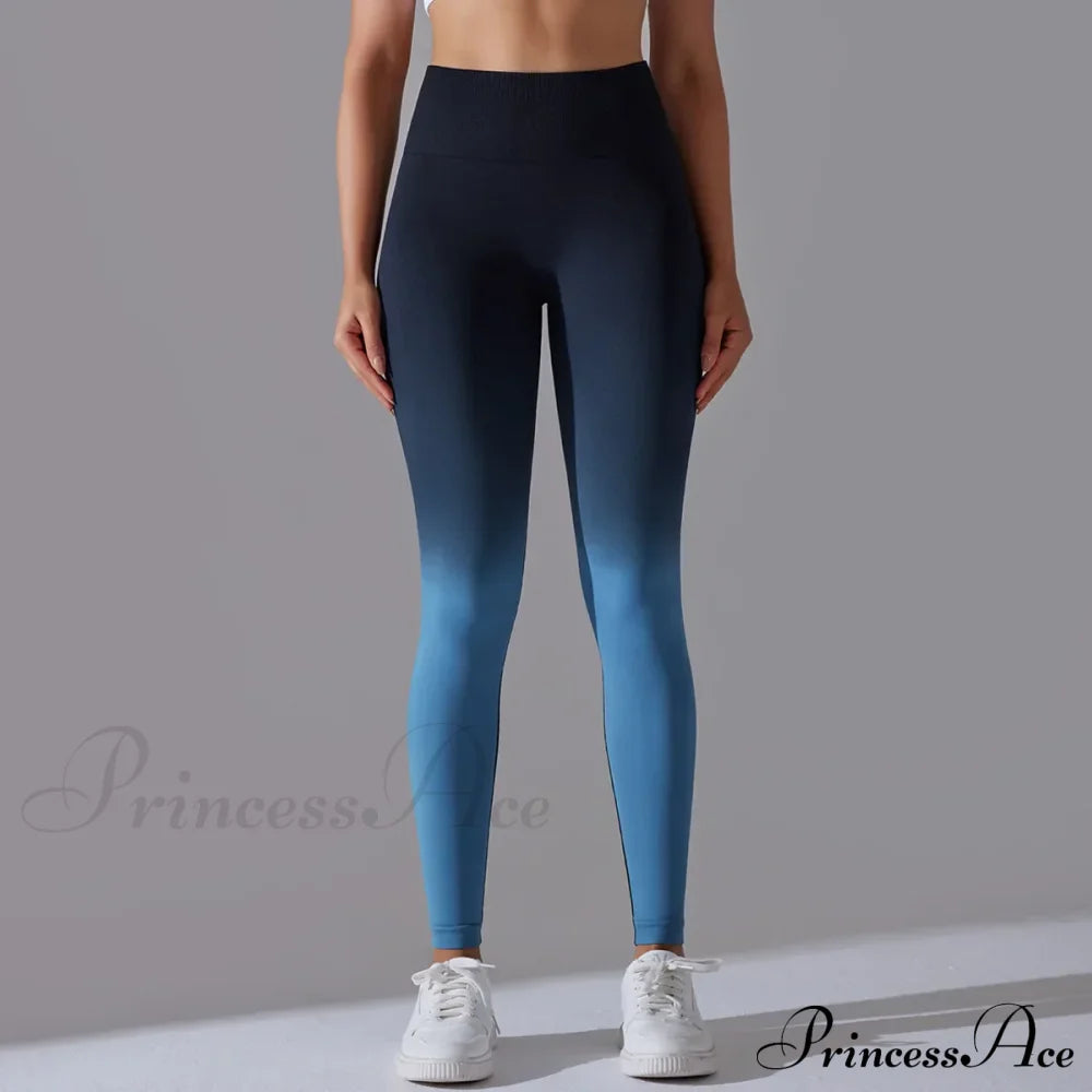 Waist Gradient Seamless Knitting Fitness Cycling Legging Dark Blue / S