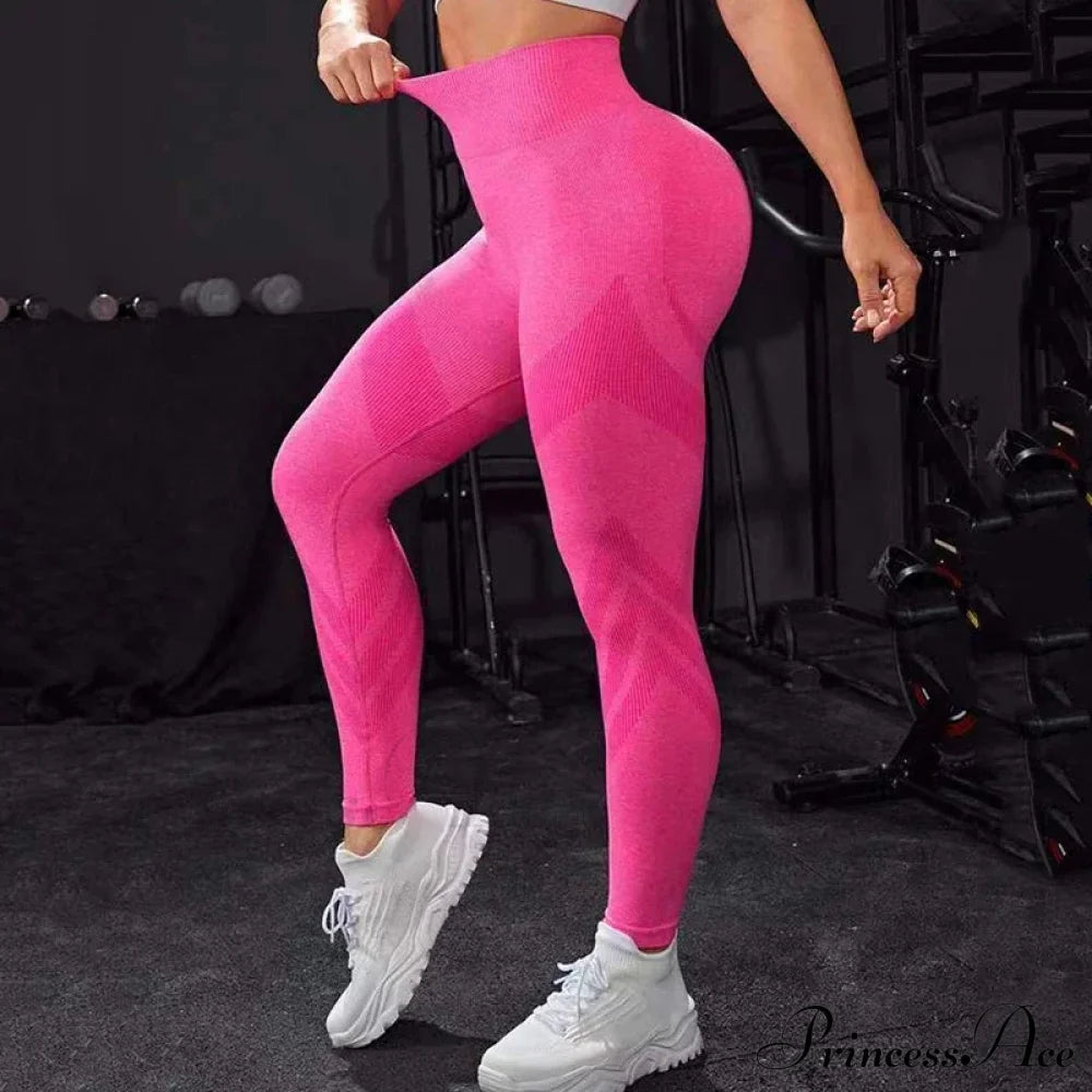 Waist Seamless Fitness Fashion Knitting Slim Legging Pink / S