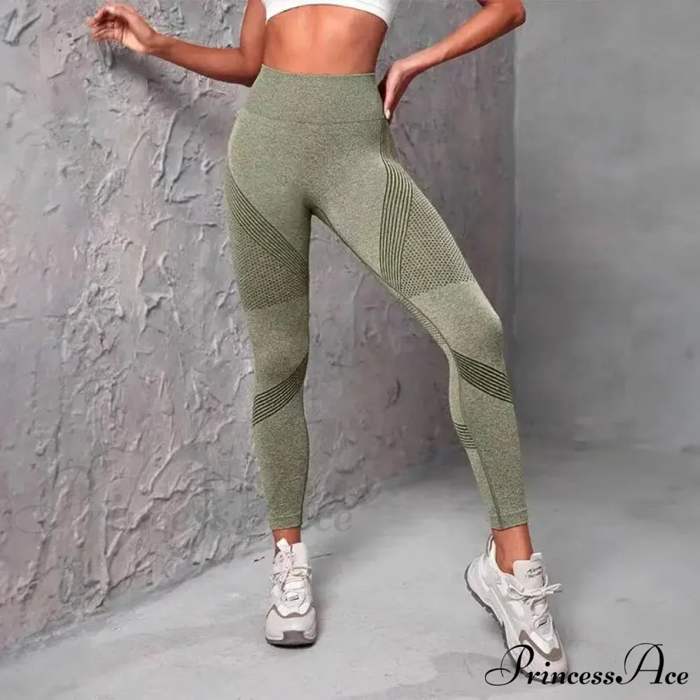 Waist Striped Mesh Fitness Outdoor Running Legging Army Green / S