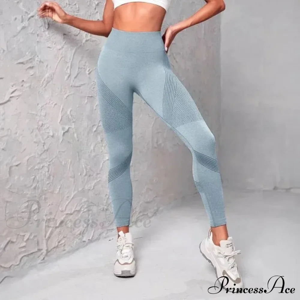 Waist Striped Mesh Fitness Outdoor Running Legging Blue / S