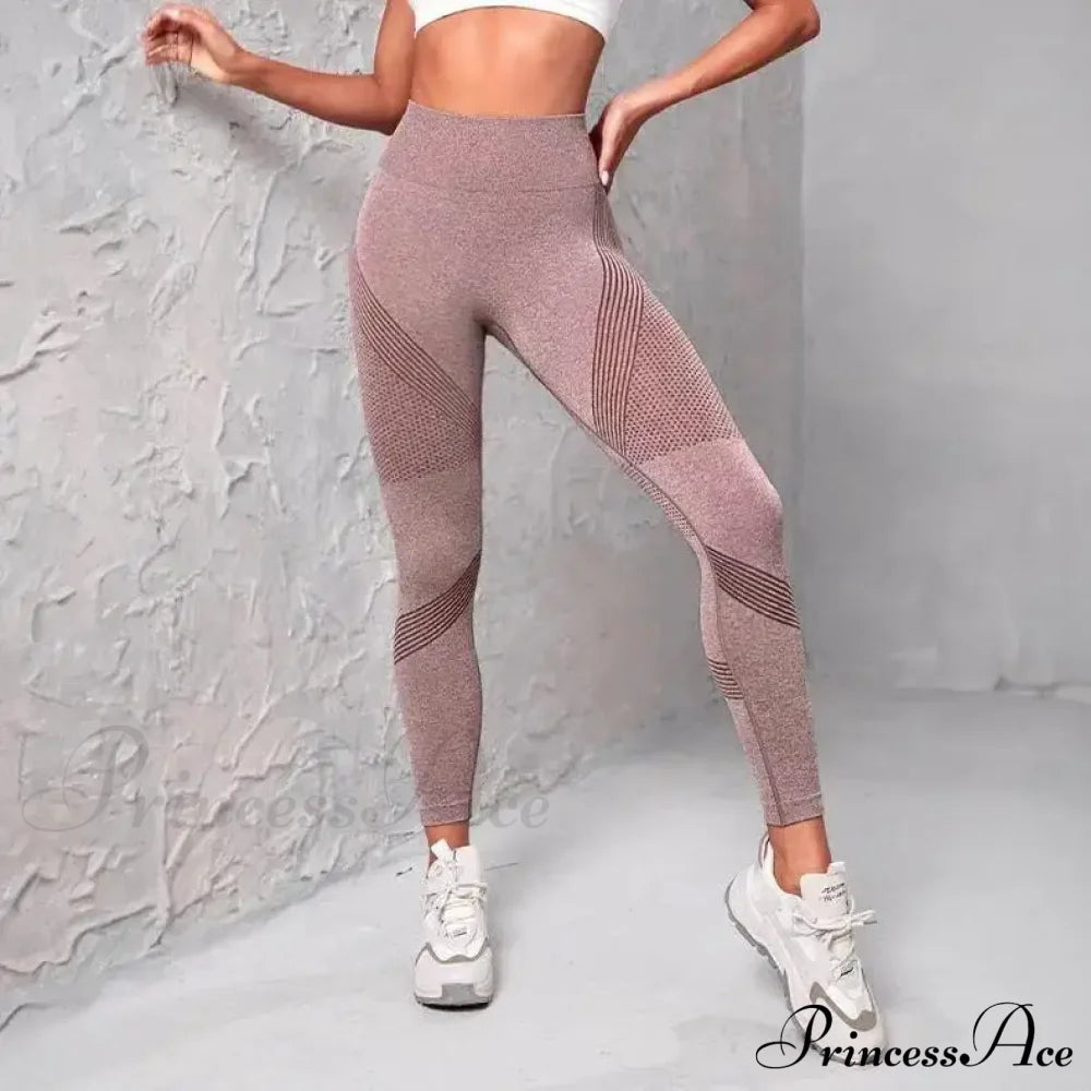 Waist Striped Mesh Fitness Outdoor Running Legging Brown / S