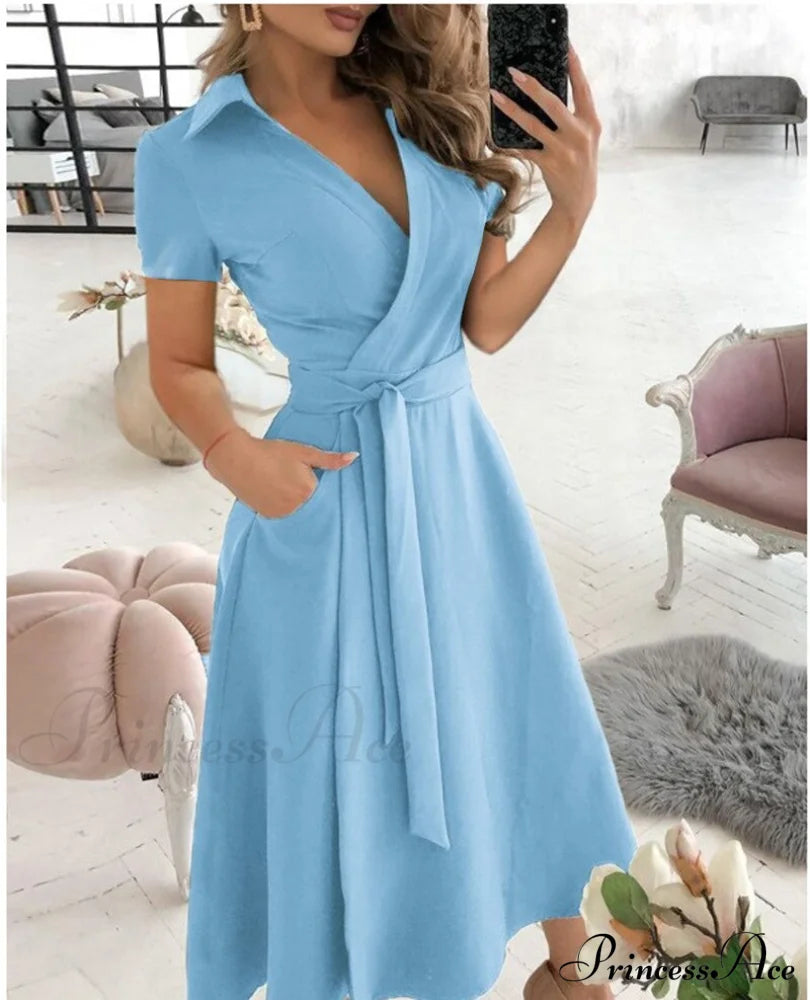 Warm-Season Retro Short-Sleeved V-Neck Gown Party Spring Patterned Fashion Belt Light Blue / S