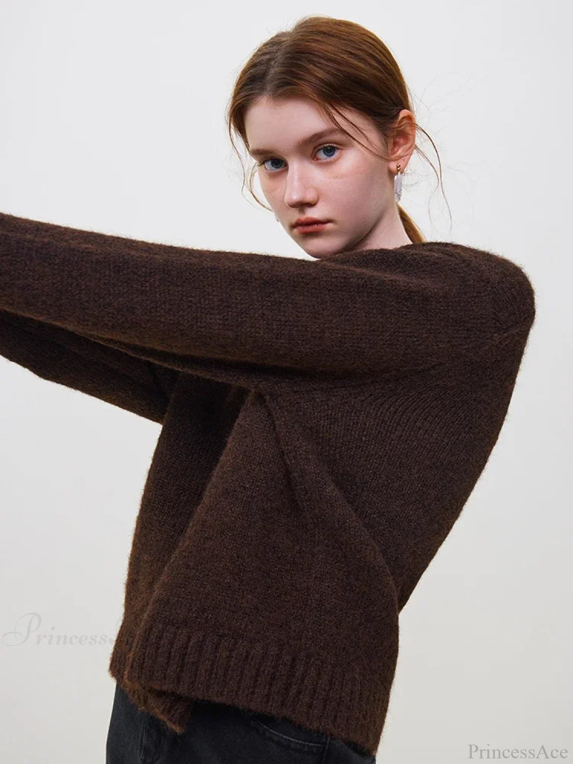 Warm Soft Waxy Round Neck Pullover Sweater Dark Brown / S