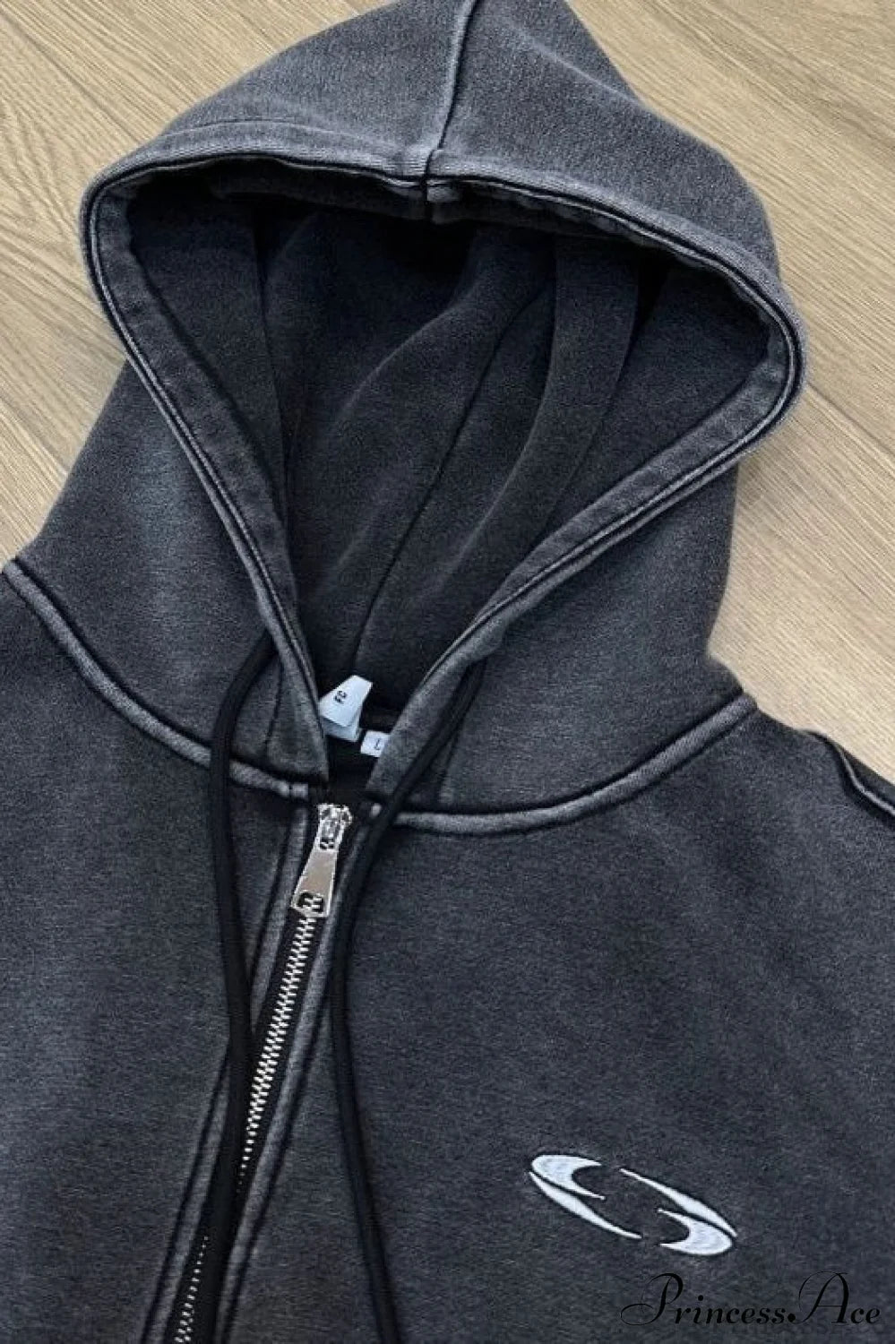 Washed 3D Embroidered Open Front Crop Hoodie