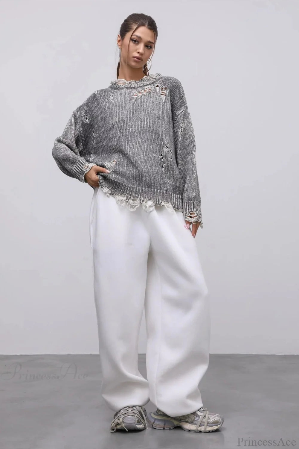 Washed Crew Neck Distressed Mid-Length Sweater