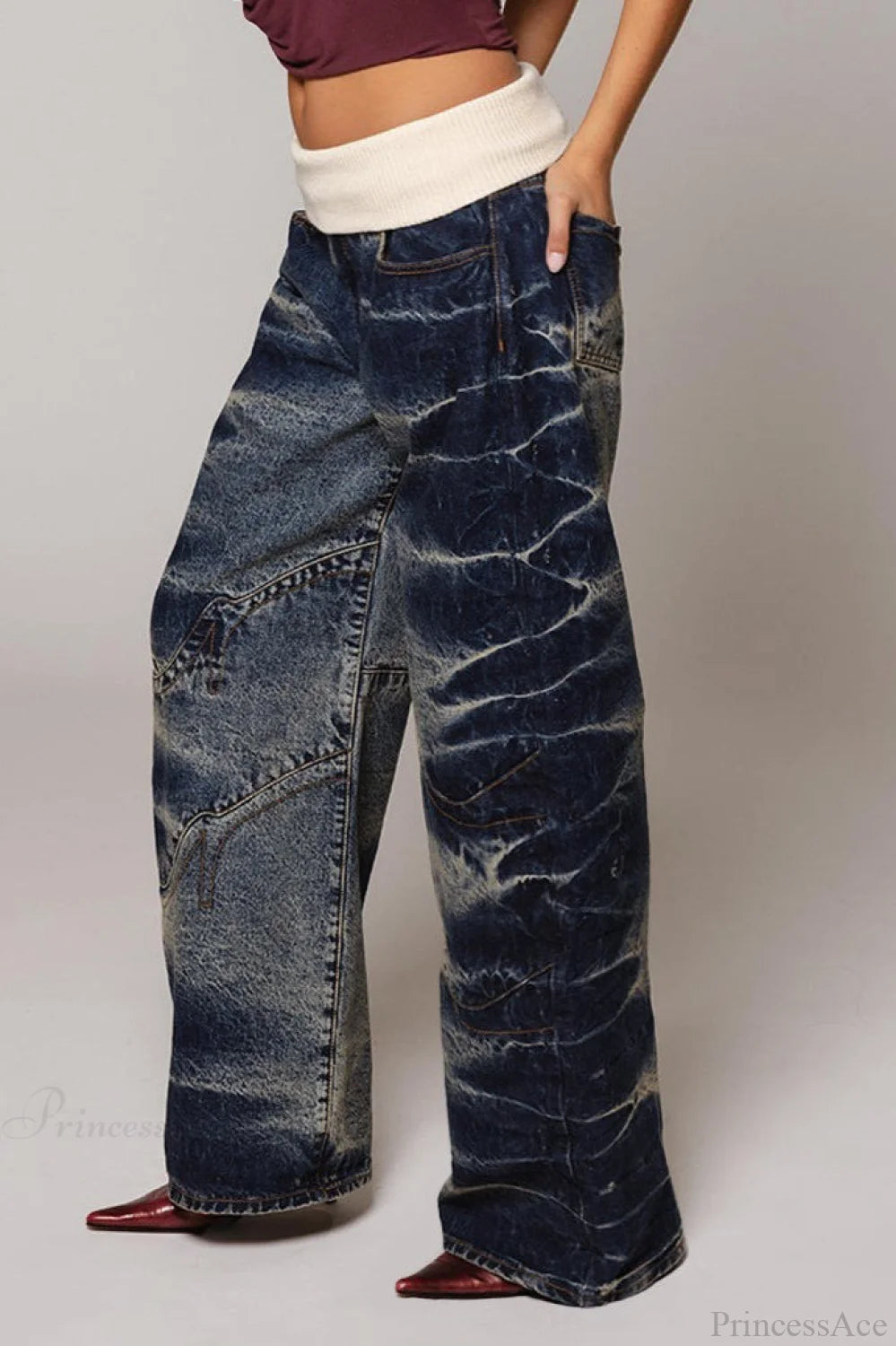 Washed Distressed Sporty Waist Wide Leg Jeans