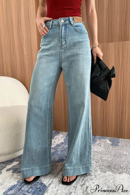 Washed High Waist Slimming Bootcut Loose Jeans Light blue / S