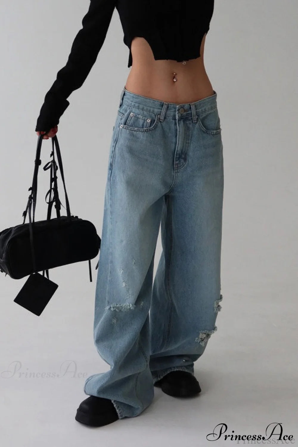 ：Washed Letter Print Distressed Relaxed Straight Jeans