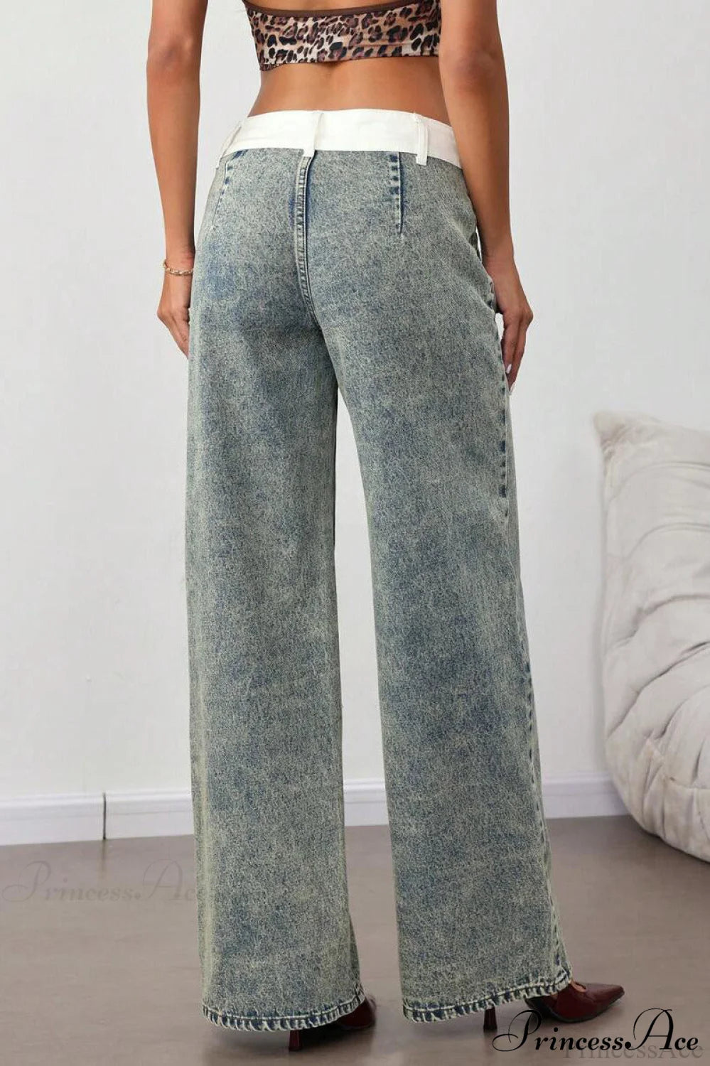 Washed Waist Panel Loose Wide Leg Versatile Jeans