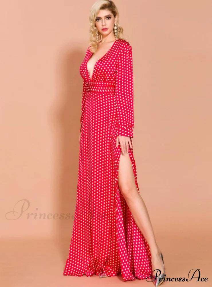 Wave Print V-Neck Split Long Sleeve Dress M / Red Dresses