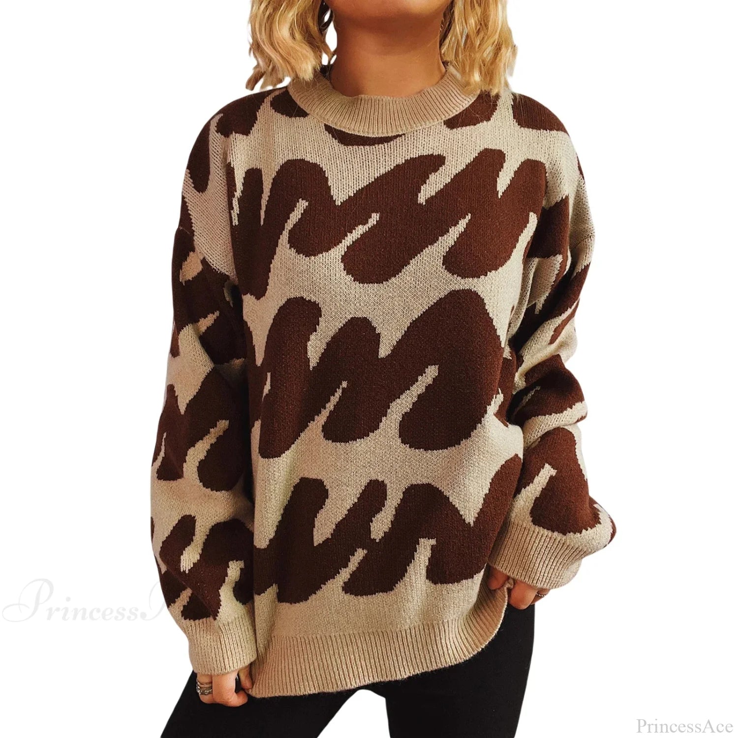 Wave Stripe Print Crew Neck Warm Sweater Dark Khaki / S