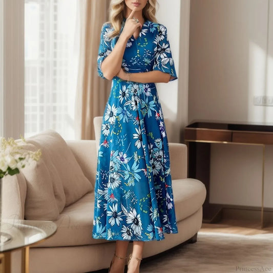 Wedding Guest Floral Sleeve Bohemian Floral Dress Blue / M oldfloraldress-250126