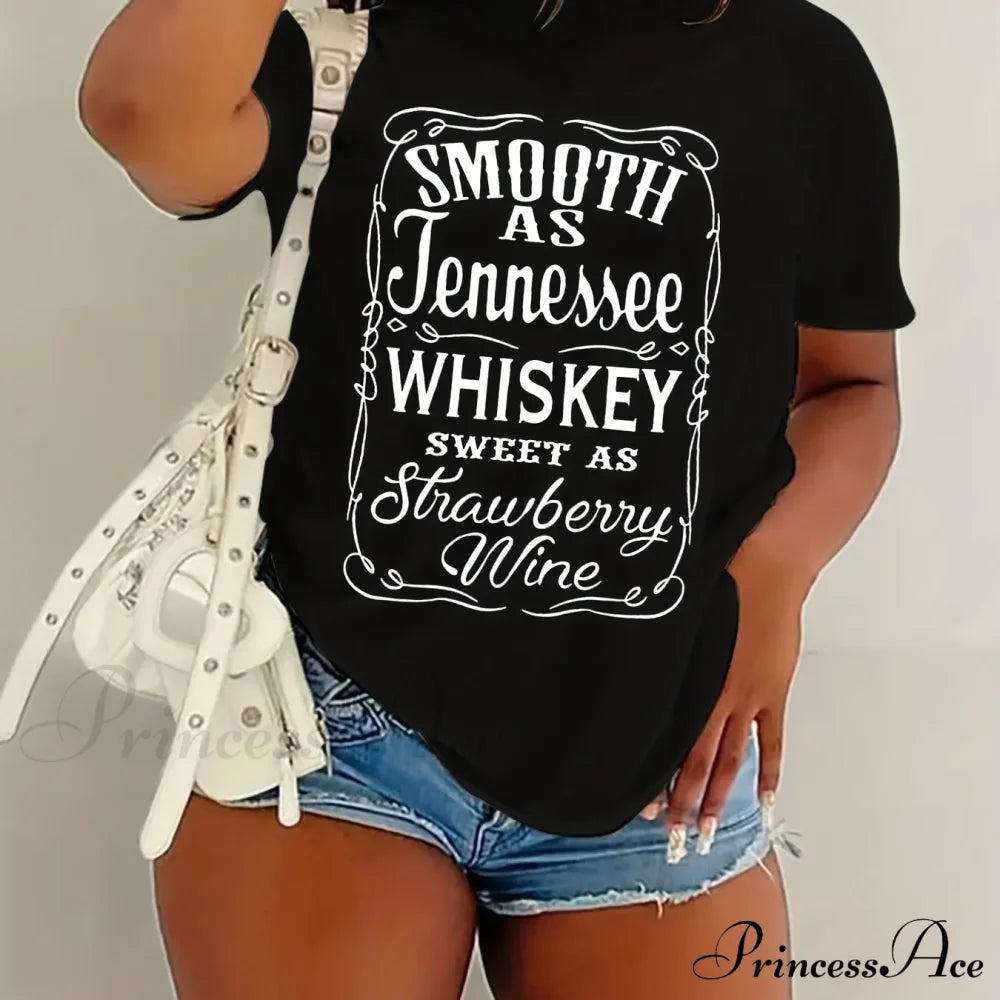 Whiskey Letter Print Sleeve Spring&Summer Crew Neck Women’s Casual Tee T-Shirt Black / S