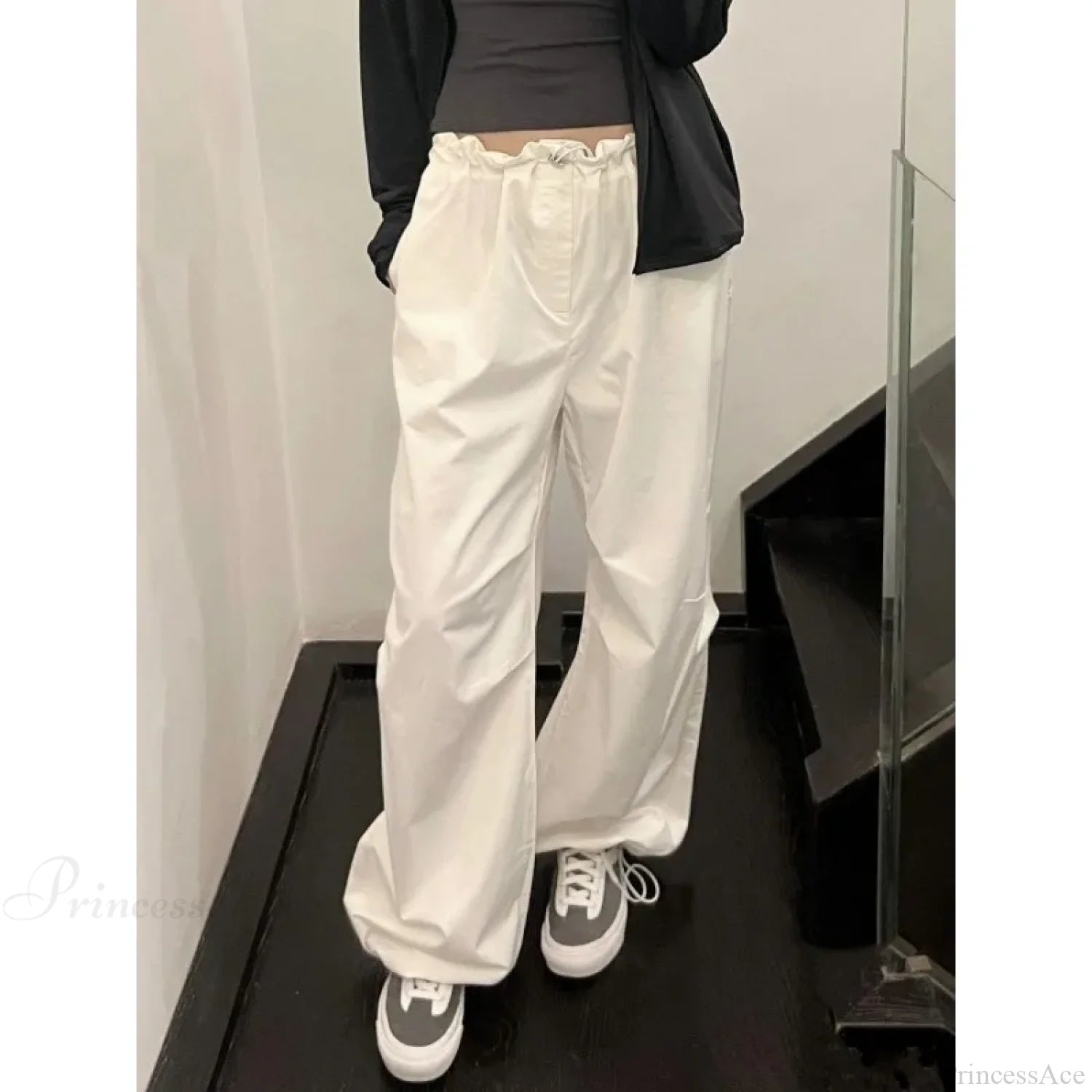 White Casual Elastic Pants