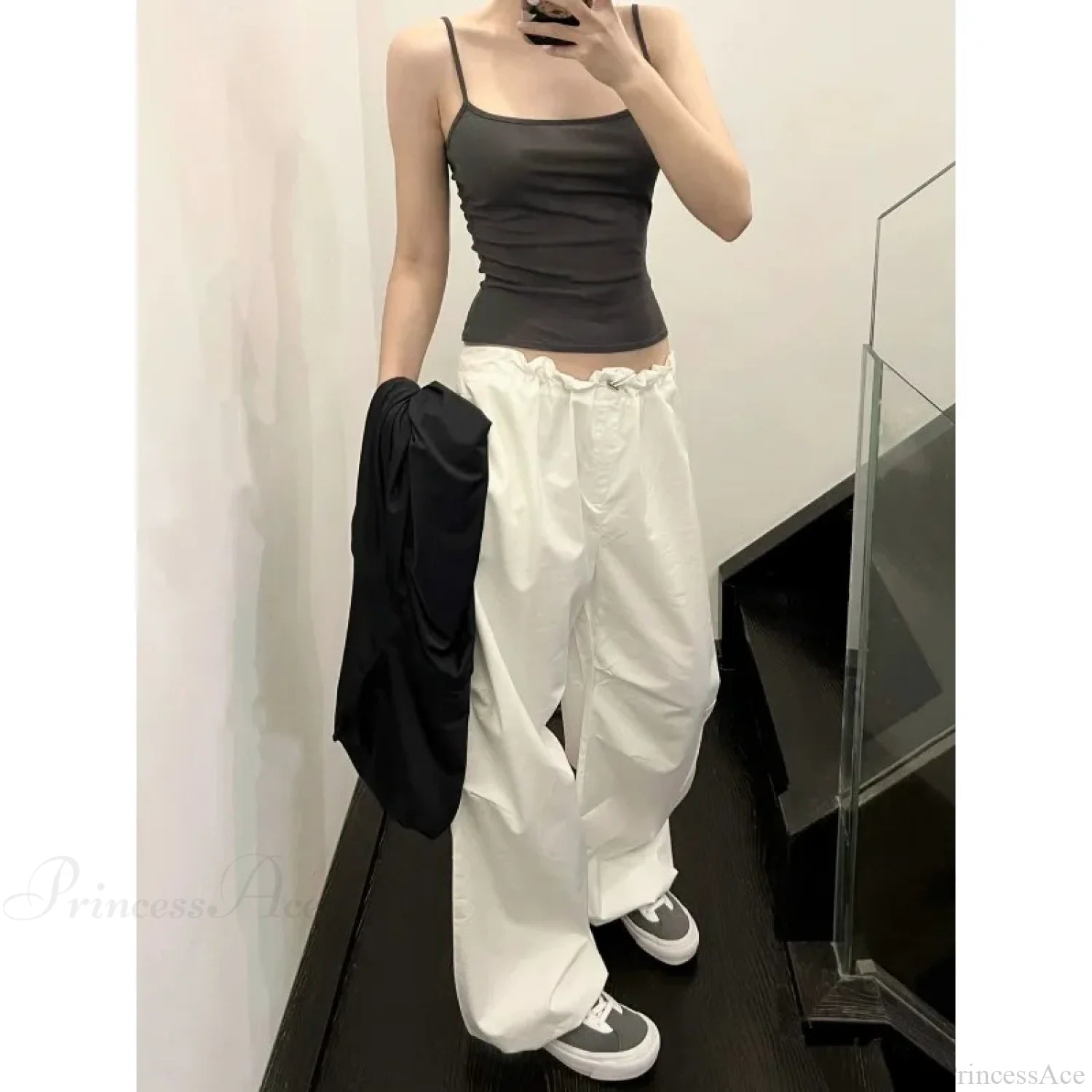 White Casual Elastic Pants