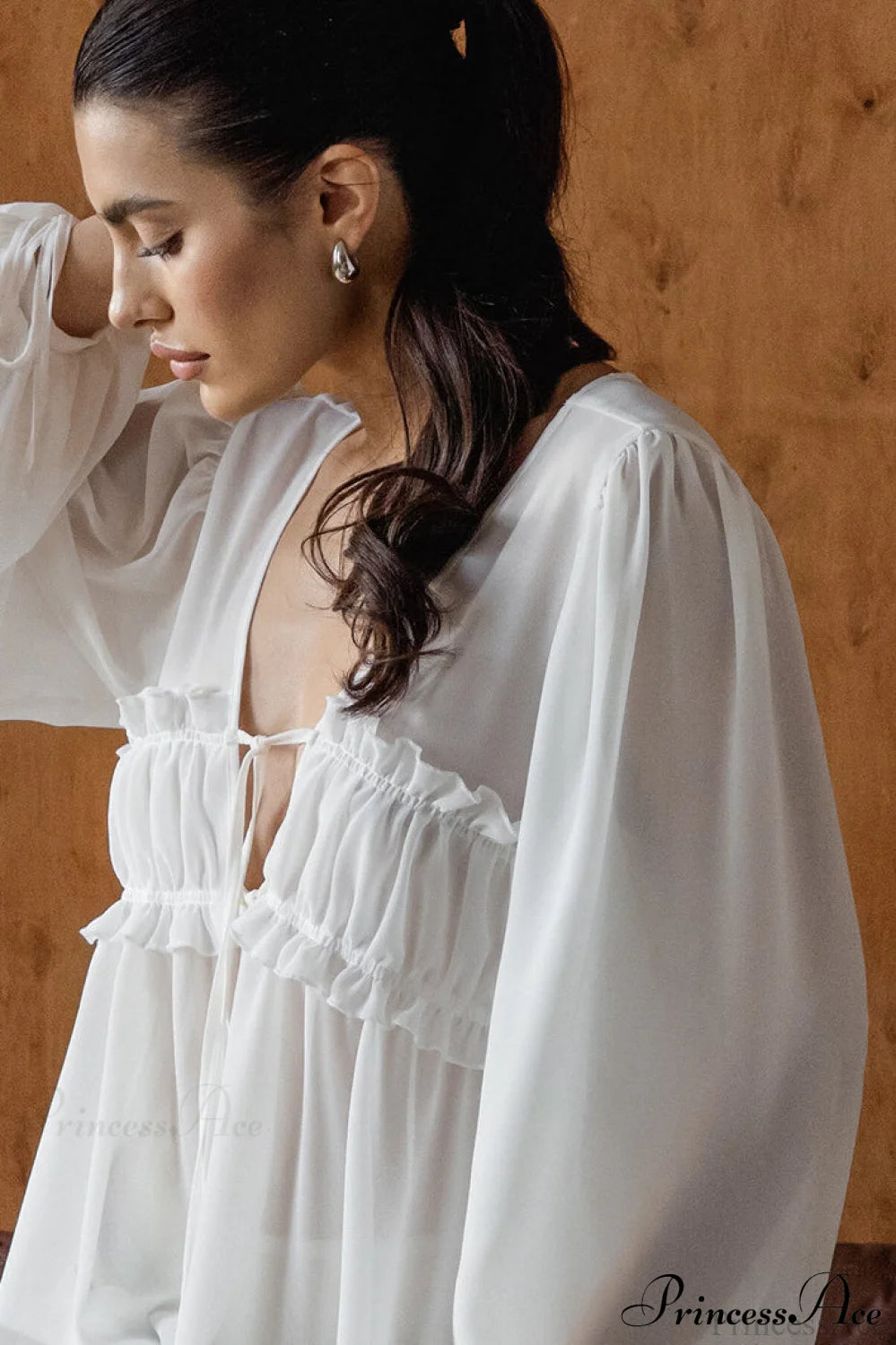 White Chiffon Ruffled Tie V Neck Blouse