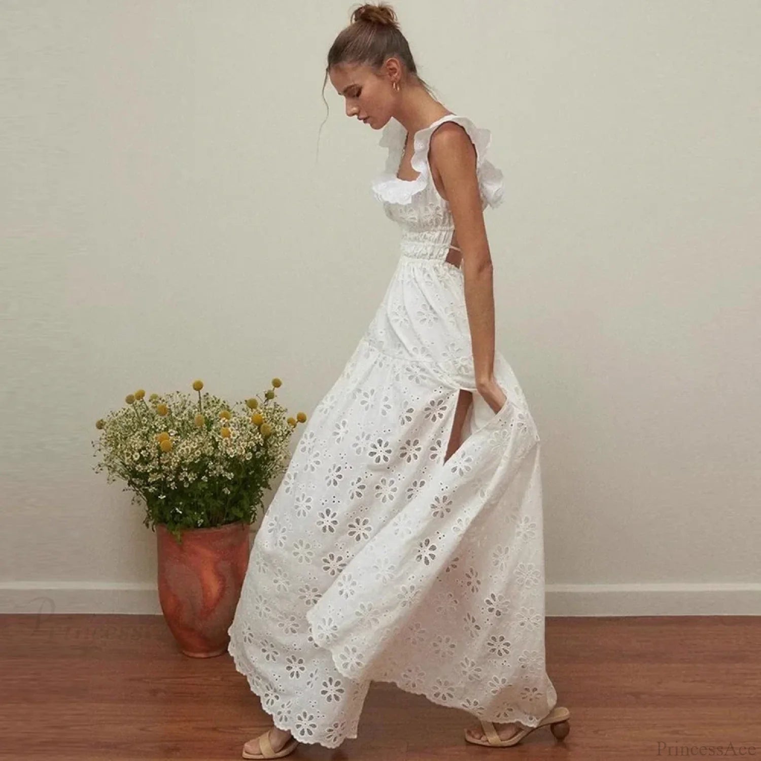 White Cotton Floral Lace Maxi Dress bohodress-250126