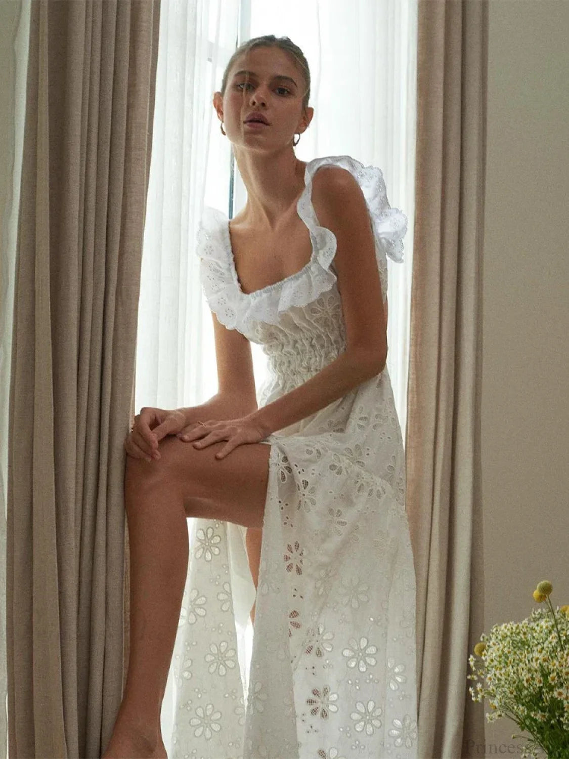 White Cotton Floral Lace Maxi Dress bohodress-250126